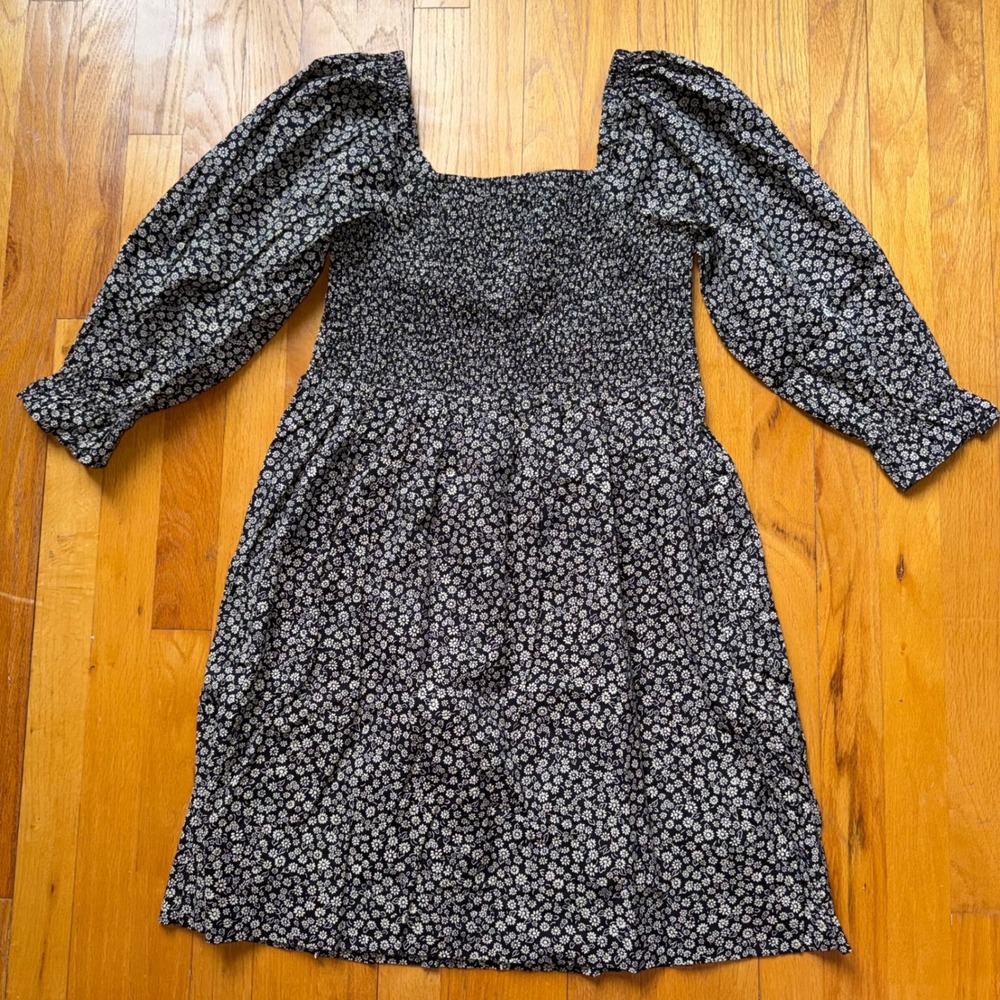 NEW Madewell Smocked Puff-Sleeve Mini Dress Black White Floral Cotton XS Cottage